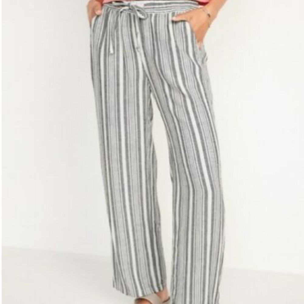 Black/ White Striped Linen-Blend High Waisted Wide-Leg Pants